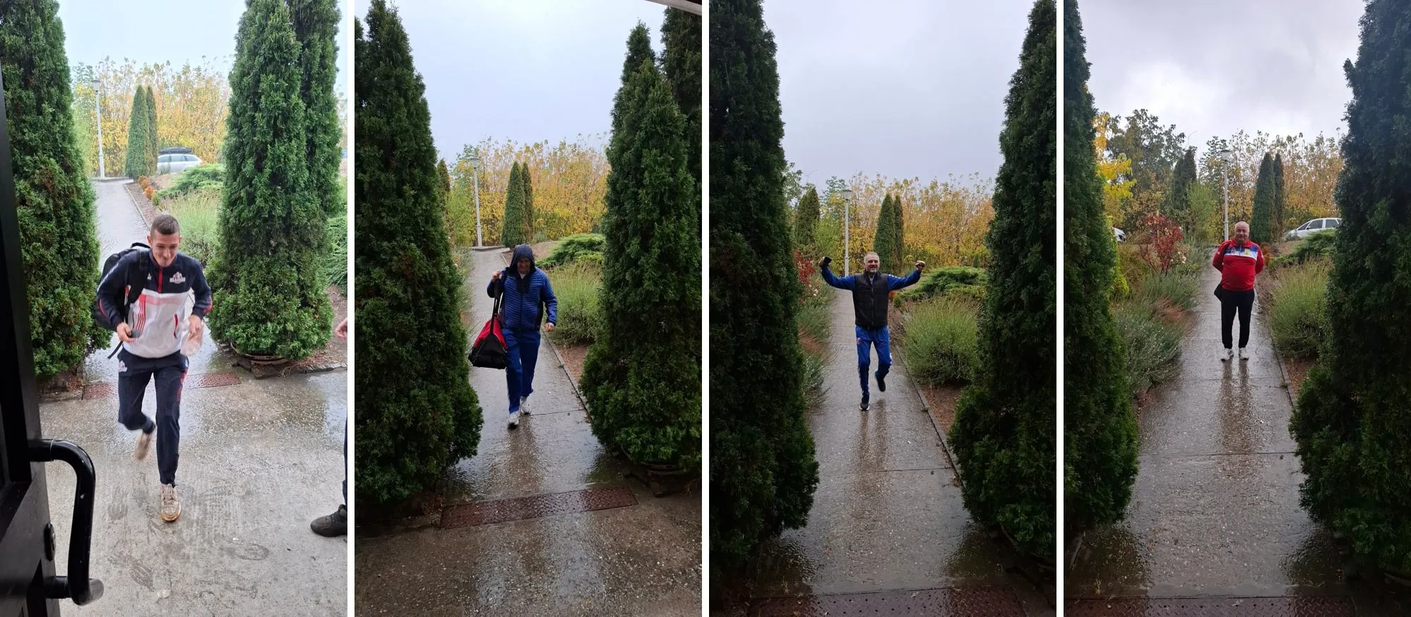 Četiri fotografije jedna do druge: ljudi na mokroj stazi između dve visoke tuje, jedan trči, jedan nosi torbu sa kapuljačom na glavi, jedan diže ruke, a jedan stoji u crvenoj jakni.