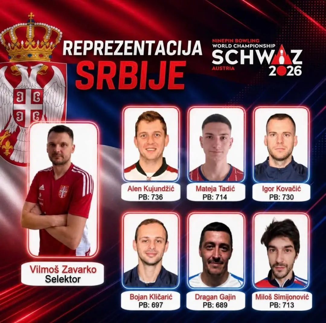 Grafika reprezentacije Srbije za Svetsko prvenstvo Švac 2026: selektor Vilmoš Zavarko i šest igrača sa ličnim rekordima, među njima Miloš Simijonović sa 713.